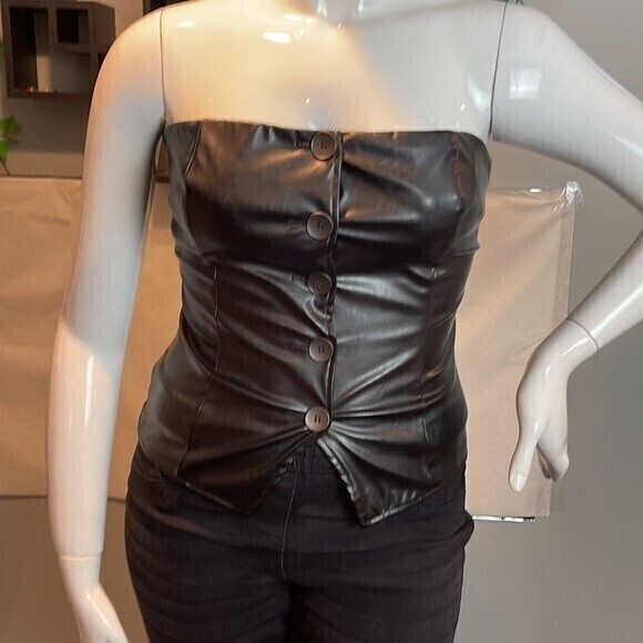 Button Up Strapless Faux Leather Top Black Size M RefM100 - Picture 5 of 11